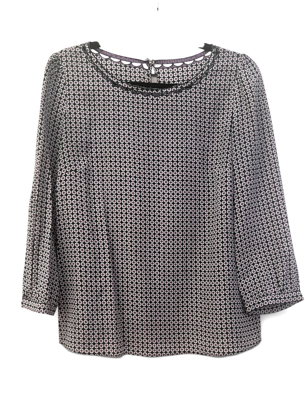 J. Crew 100% Silk Black & Purple Geometric Print Cutout Trim 3/4 Sleeve Blouse 6